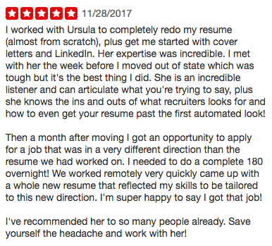 Job transition Resume Strategy for professional with a diverse background client testimonial Ursala