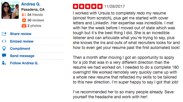 Resume Strategy job transition diverse background client testimonial Ursala